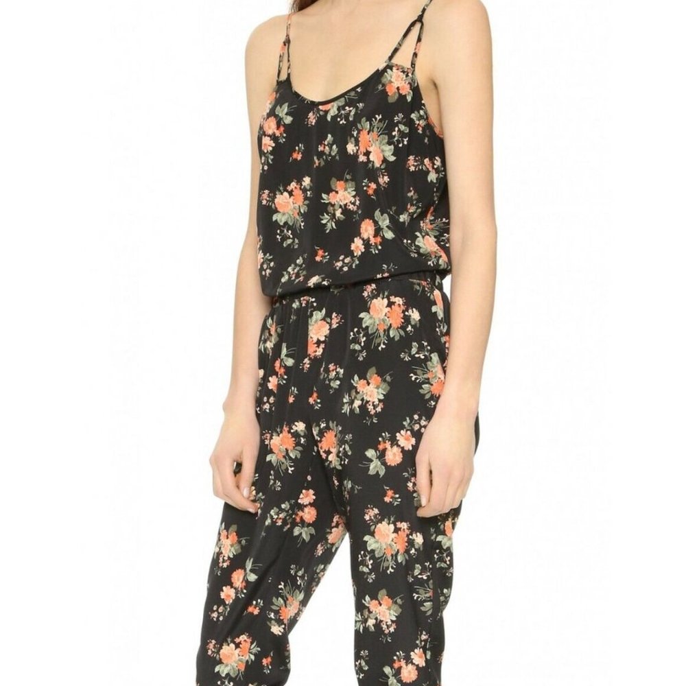 Black Floral Satin Jumpsuit M Medium Sleeveless Jogger Pant Women's Romper - Picture 4 of 14